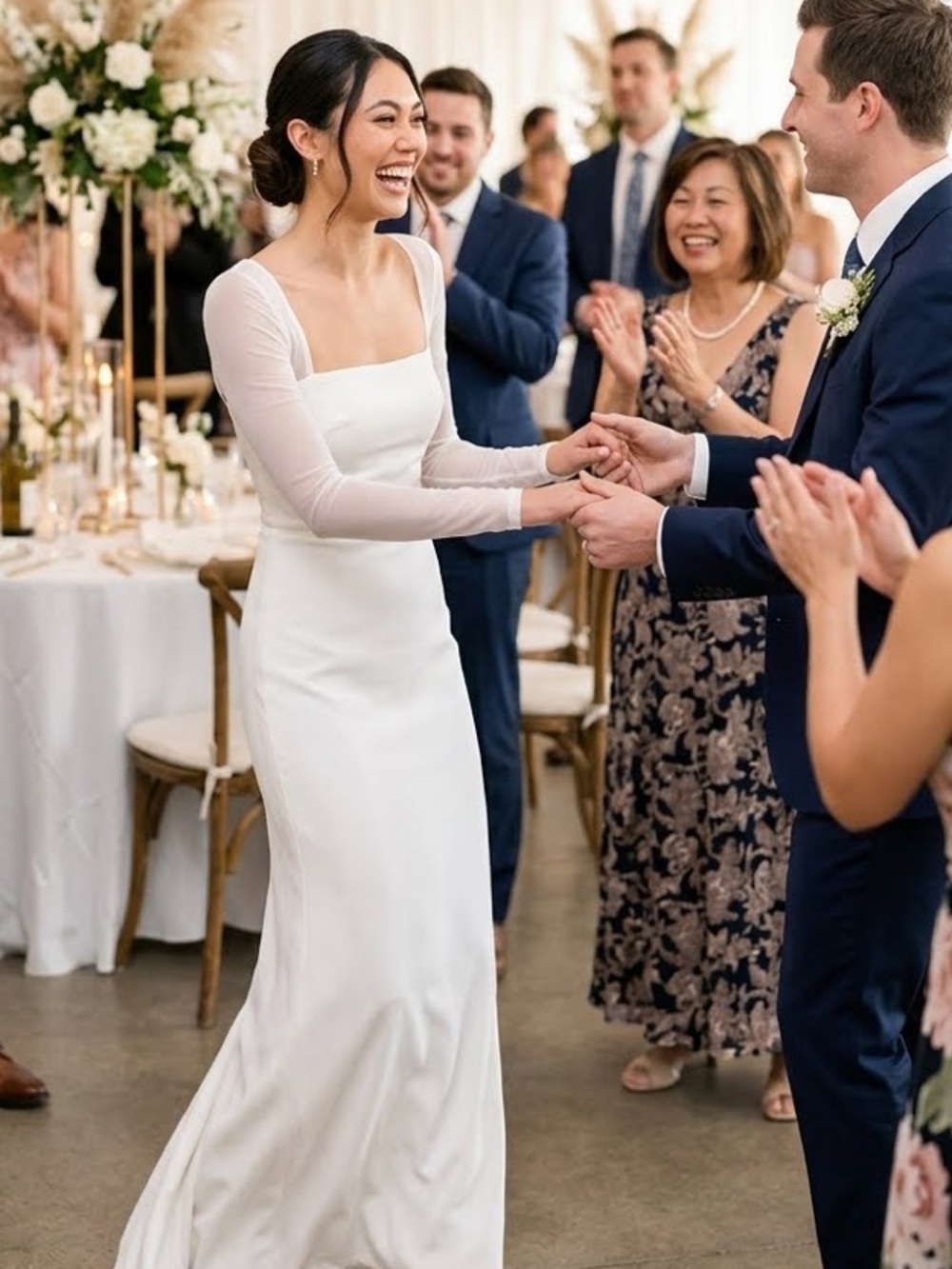 Elegant White Long Sleeve Square Neck Wedding Dress